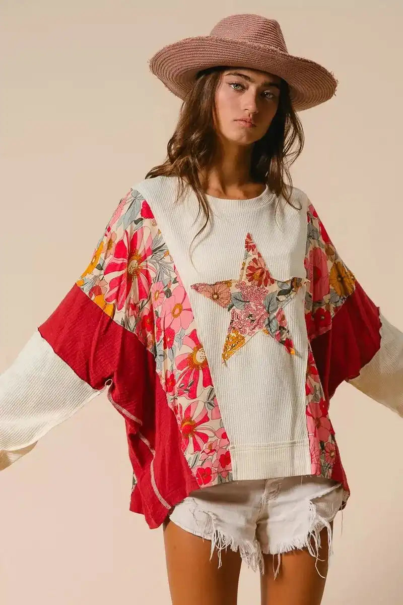 BiBi Floral Print Mixed Star Patch Round Neck Sweatshirt - Sleekdenim.com
