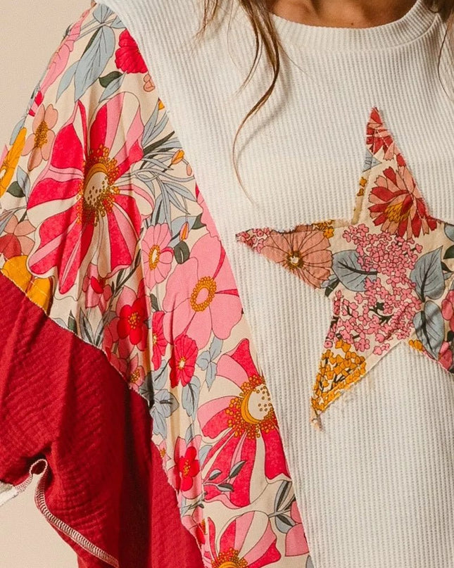 BiBi Floral Print Mixed Star Patch Round Neck Sweatshirt - Sleekdenim.com