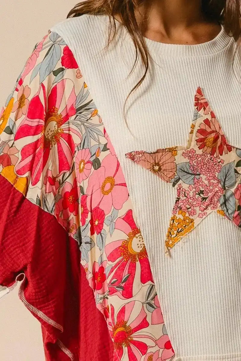 BiBi Floral Print Mixed Star Patch Round Neck Sweatshirt - Sleekdenim.com