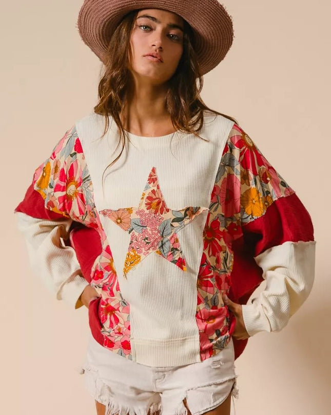 BiBi Floral Print Mixed Star Patch Round Neck Sweatshirt - Sleekdenim.com