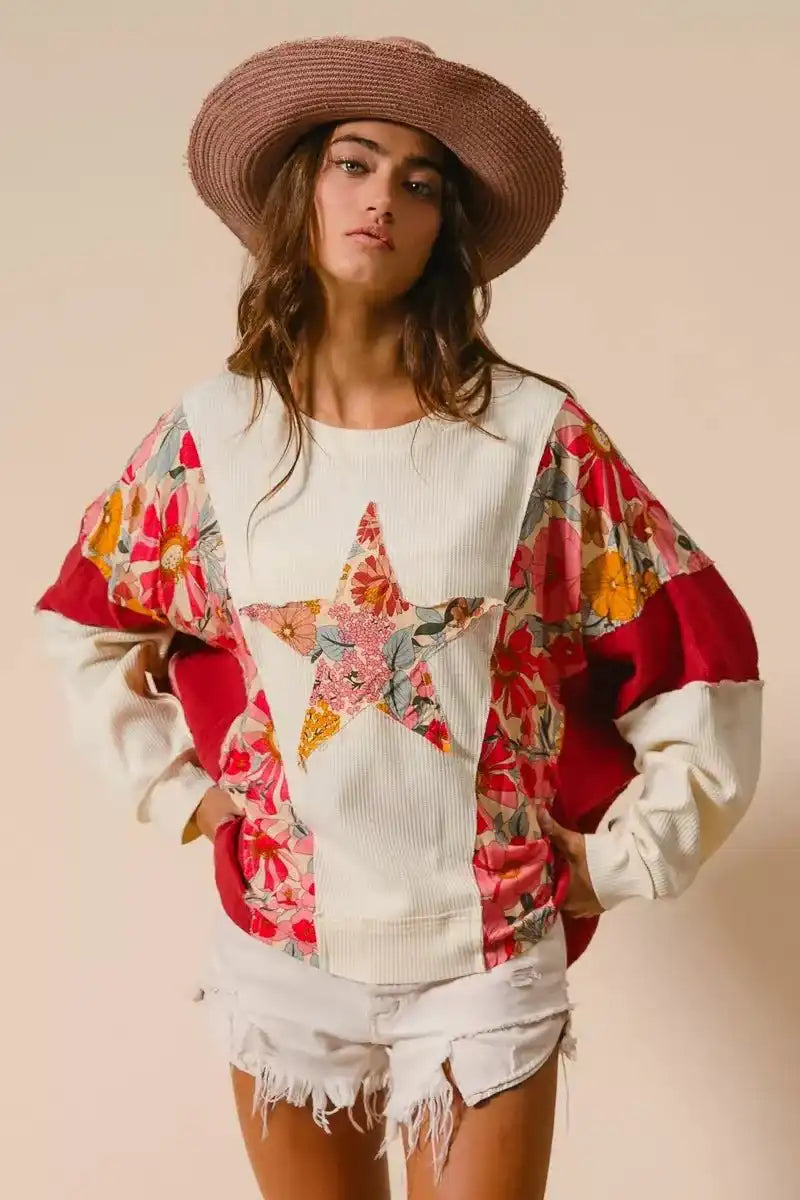 BiBi Floral Print Mixed Star Patch Round Neck Sweatshirt - Sleekdenim.com
