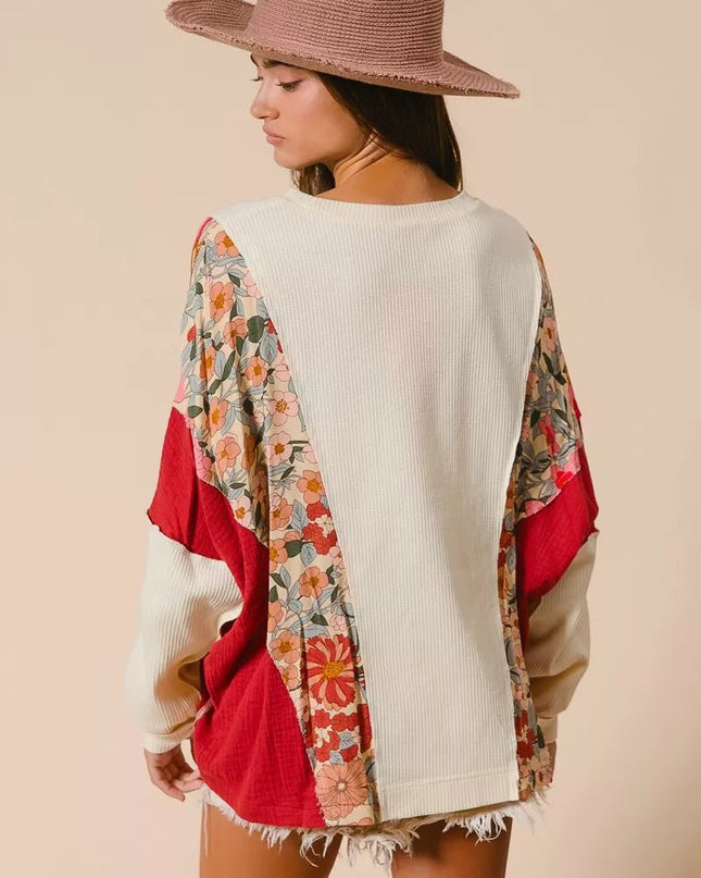 BiBi Floral Print Mixed Star Patch Round Neck Sweatshirt - Sleekdenim.com