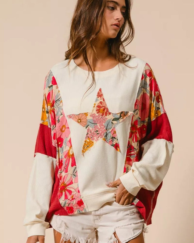BiBi Floral Print Mixed Star Patch Round Neck Sweatshirt - Sleekdenim.com
