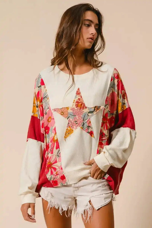 BiBi Floral Print Mixed Star Patch Round Neck Sweatshirt - Sleekdenim.com