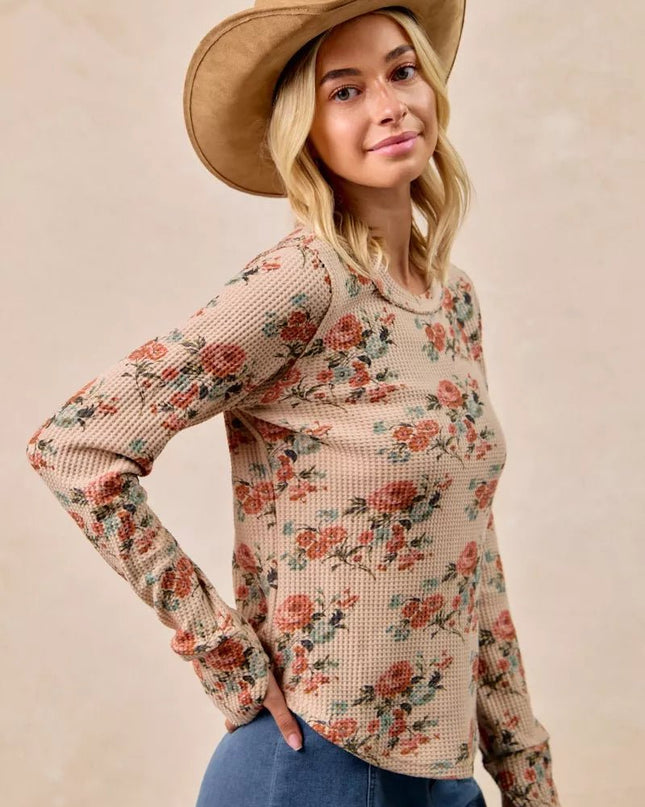 BiBi Floral Print Washed Waffle Thermal Top with Thumb - Sleekdenim.com