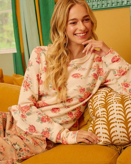 BiBi Floral Print Washed Waffle Thermal Top With Thumb - Sleekdenim.com