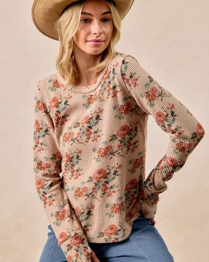 BiBi Floral Print Washed Waffle Thermal Top with Thumb - Sleekdenim.com