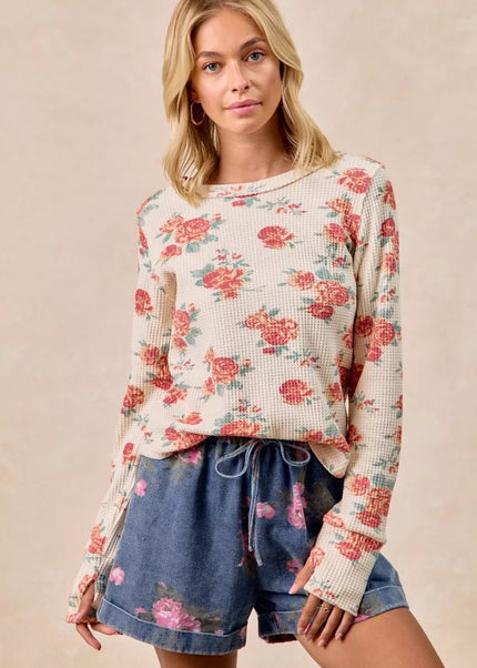 BiBi Floral Print Washed Waffle Thermal Top With Thumb - Sleekdenim.com