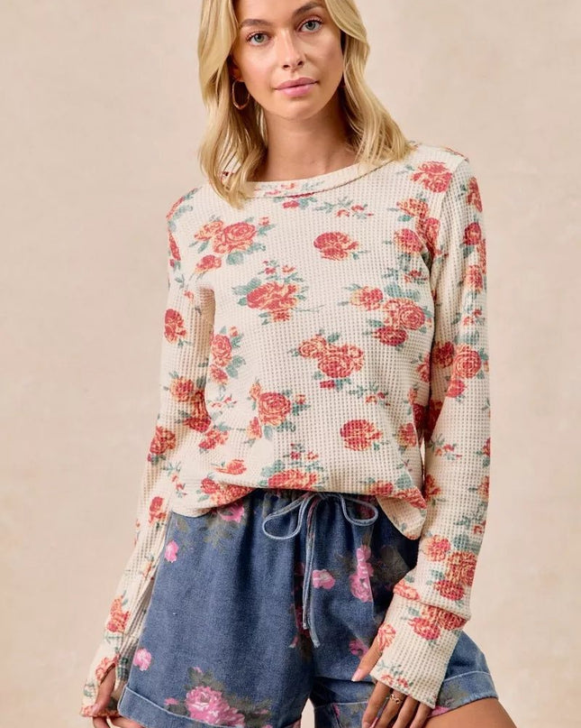 BiBi Floral Print Washed Waffle Thermal Top With Thumb - Sleekdenim.com