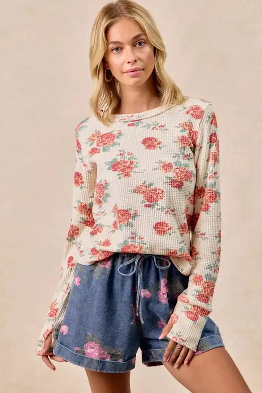 BiBi Floral Print Washed Waffle Thermal Top With Thumb