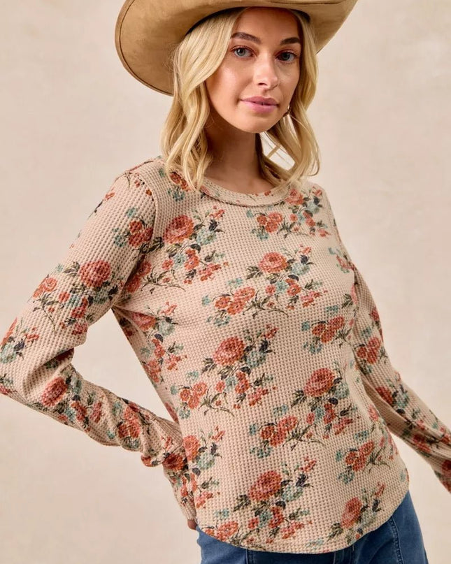 BiBi Floral Print Washed Waffle Thermal Top with Thumb - Sleekdenim.com