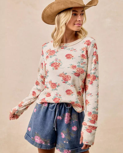 BiBi Floral Print Washed Waffle Thermal Top With Thumb - Sleekdenim.com