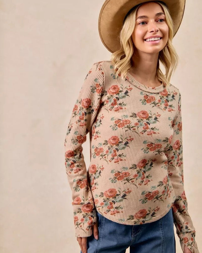 BiBi Floral Print Washed Waffle Thermal Top with Thumb - Sleekdenim.com