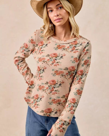 BiBi Floral Print Washed Waffle Thermal Top with Thumb - Sleekdenim.com