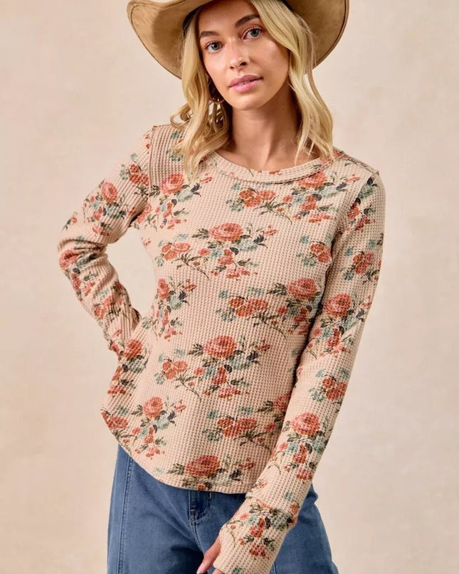 BiBi Floral Print Washed Waffle Thermal Top with Thumb - Sleekdenim.com