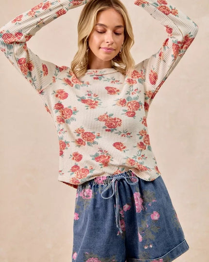 BiBi Floral Print Washed Waffle Thermal Top With Thumb - Sleekdenim.com