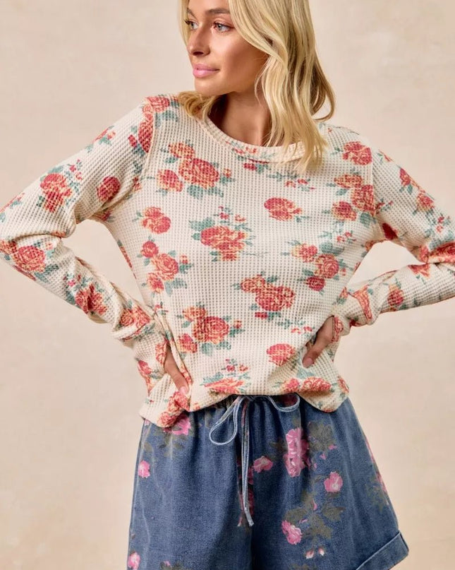 BiBi Floral Print Washed Waffle Thermal Top With Thumb - Sleekdenim.com