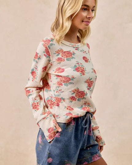 BiBi Floral Print Washed Waffle Thermal Top With Thumb - Sleekdenim.com