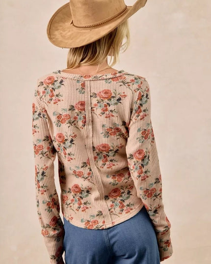 BiBi Floral Print Washed Waffle Thermal Top with Thumb - Sleekdenim.com