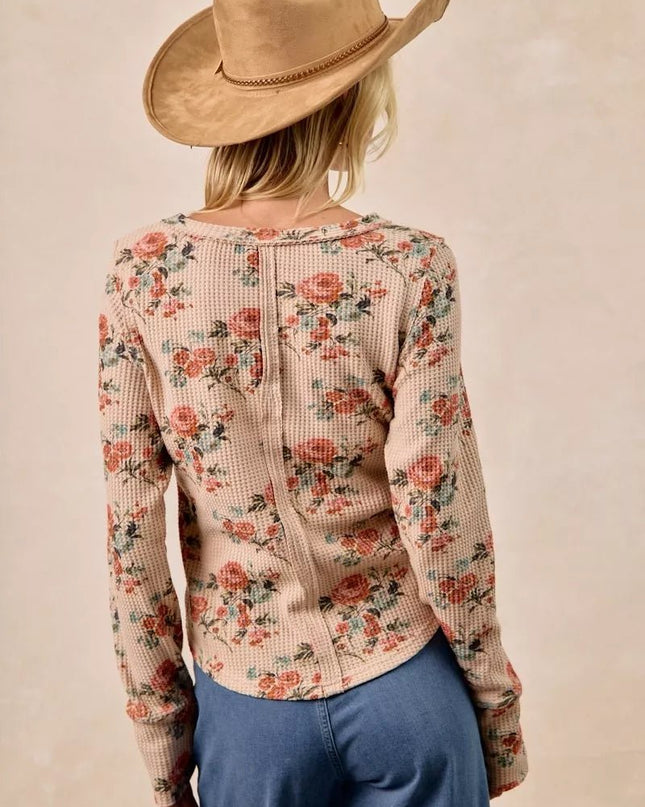 BiBi Floral Print Washed Waffle Thermal Top with Thumb - Sleekdenim.com