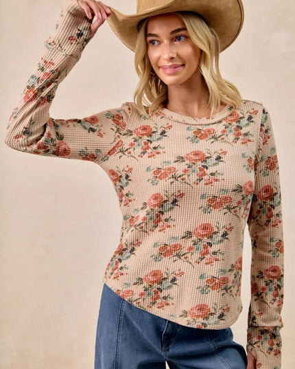 BiBi Floral Print Washed Waffle Thermal Top with Thumb - Sleekdenim.com