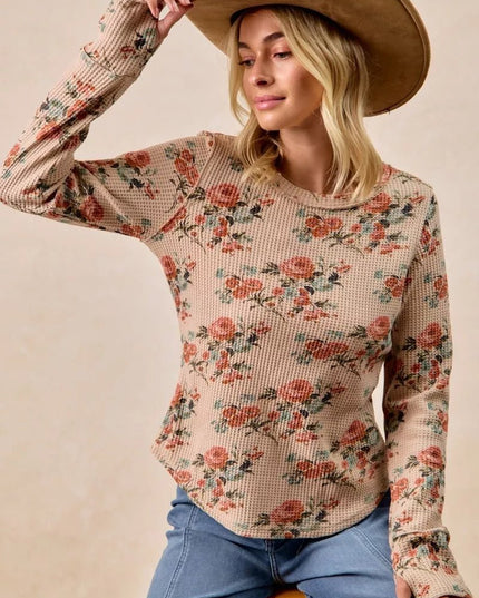 BiBi Floral Print Washed Waffle Thermal Top with Thumb - Sleekdenim.com