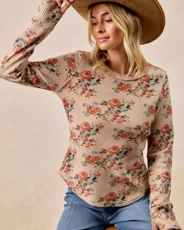 BiBi Floral Print Washed Waffle Thermal Top with Thumb - Sleekdenim.com