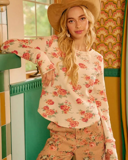 BiBi Floral Print Washed Waffle Thermal Top With Thumb - Sleekdenim.com