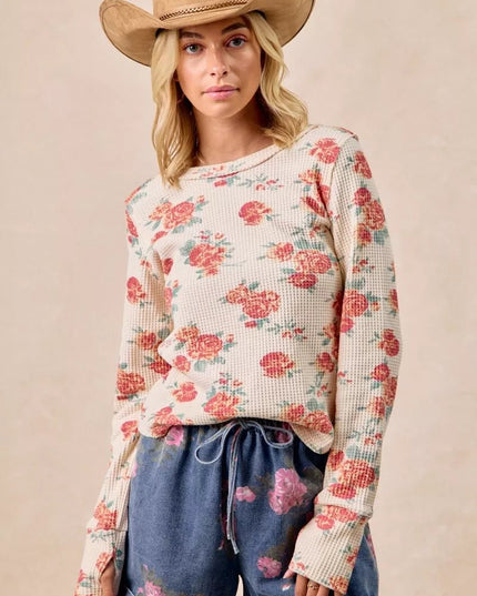 BiBi Floral Print Washed Waffle Thermal Top With Thumb - Sleekdenim.com