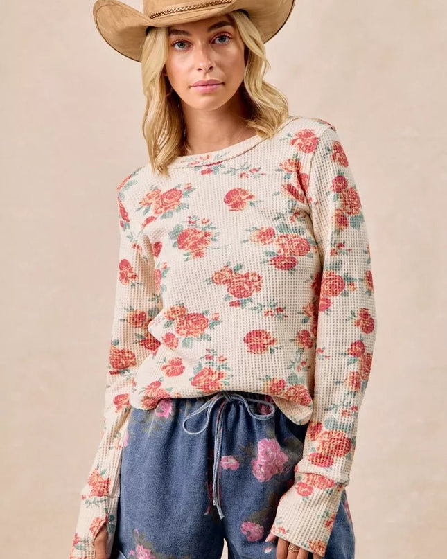 BiBi Floral Print Washed Waffle Thermal Top With Thumb - Sleekdenim.com