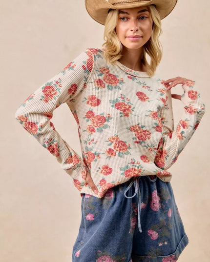 BiBi Floral Print Washed Waffle Thermal Top With Thumb - Sleekdenim.com