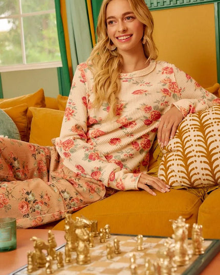 BiBi Floral Print Washed Waffle Thermal Top With Thumb - Sleekdenim.com