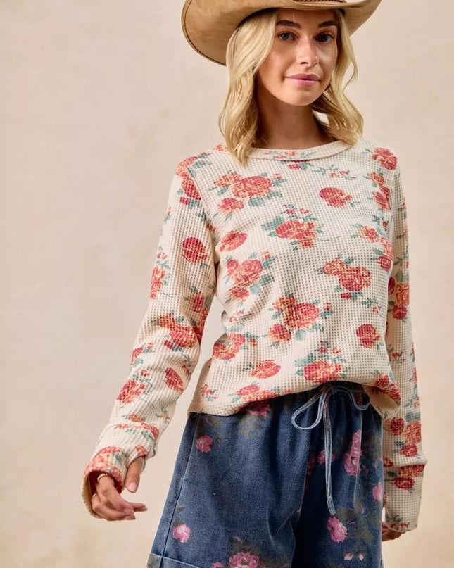 BiBi Floral Print Washed Waffle Thermal Top With Thumb - Sleekdenim.com