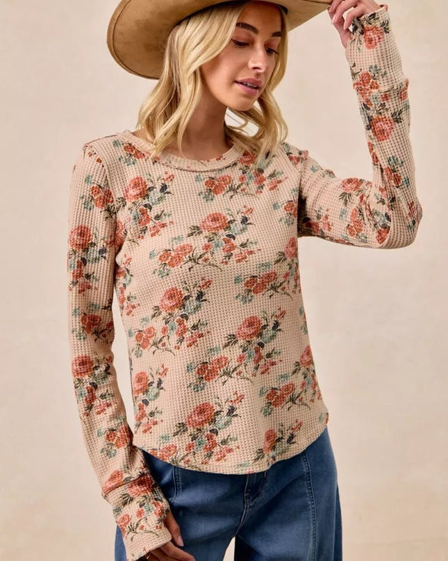 BiBi Floral Print Washed Waffle Thermal Top with Thumb - Sleekdenim.com