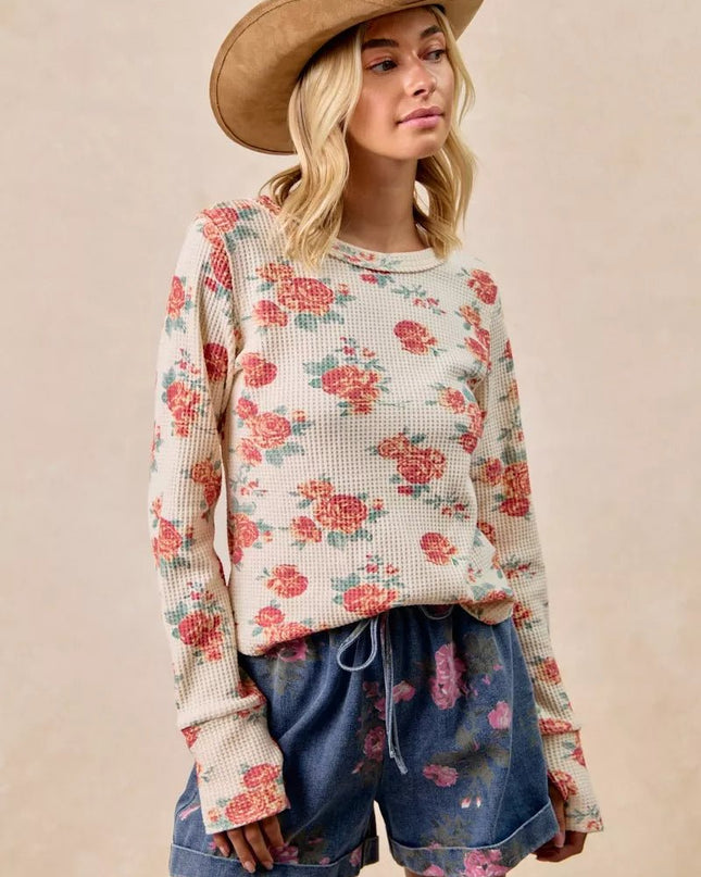 BiBi Floral Print Washed Waffle Thermal Top With Thumb - Sleekdenim.com