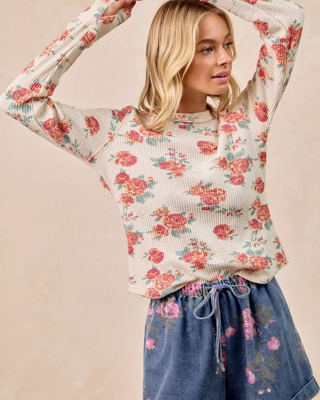 BiBi Floral Print Washed Waffle Thermal Top With Thumb - Sleekdenim.com