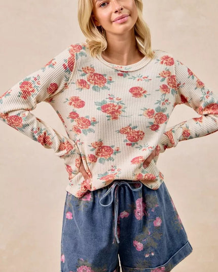 BiBi Floral Print Washed Waffle Thermal Top With Thumb - Sleekdenim.com