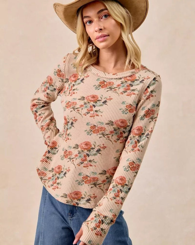 BiBi Floral Print Washed Waffle Thermal Top with Thumb - Sleekdenim.com