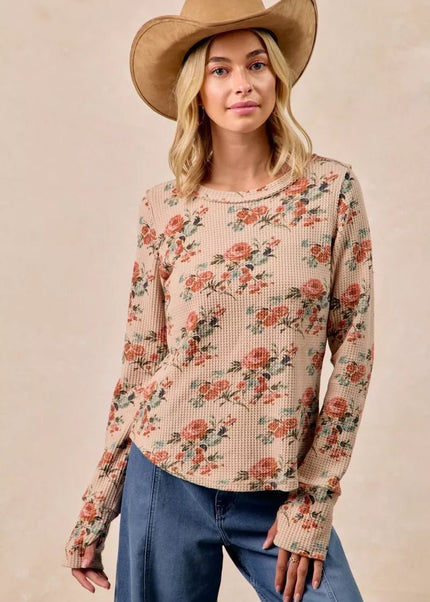BiBi Floral Print Washed Waffle Thermal Top with Thumb - Sleekdenim.com