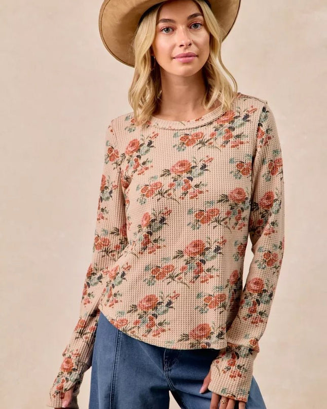 BiBi Floral Print Washed Waffle Thermal Top with Thumb - Sleekdenim.com