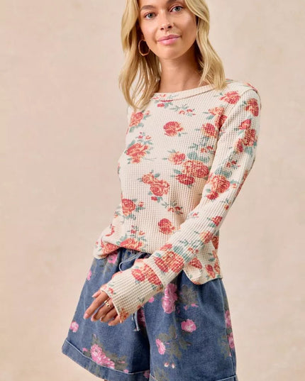 BiBi Floral Print Washed Waffle Thermal Top With Thumb - Sleekdenim.com