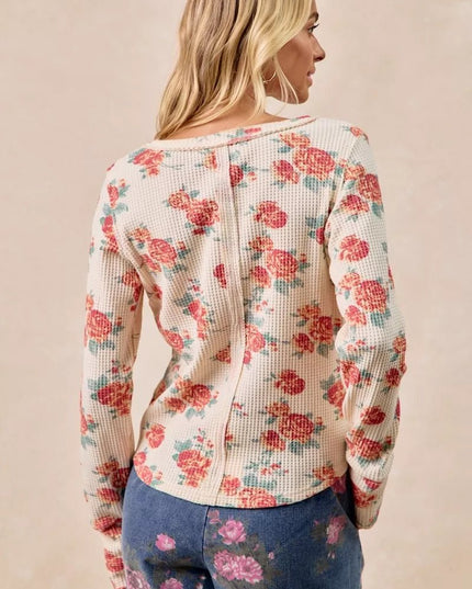 BiBi Floral Print Washed Waffle Thermal Top With Thumb - Sleekdenim.com
