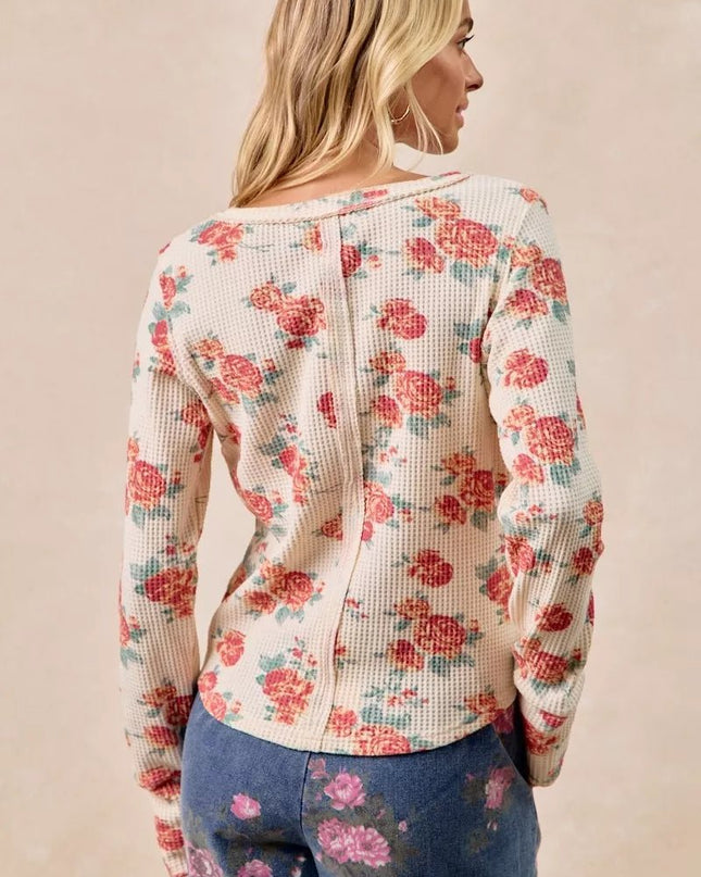 BiBi Floral Print Washed Waffle Thermal Top With Thumb - Sleekdenim.com