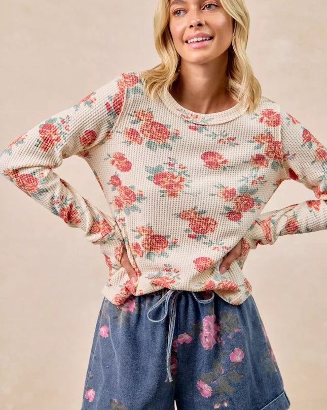 BiBi Floral Print Washed Waffle Thermal Top With Thumb - Sleekdenim.com