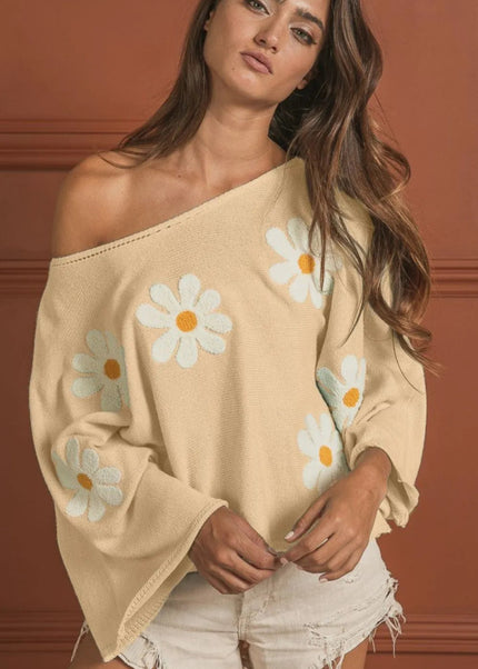 BiBi Flower Embroidery Loose Fit Knit Top - Sleekdenim.com