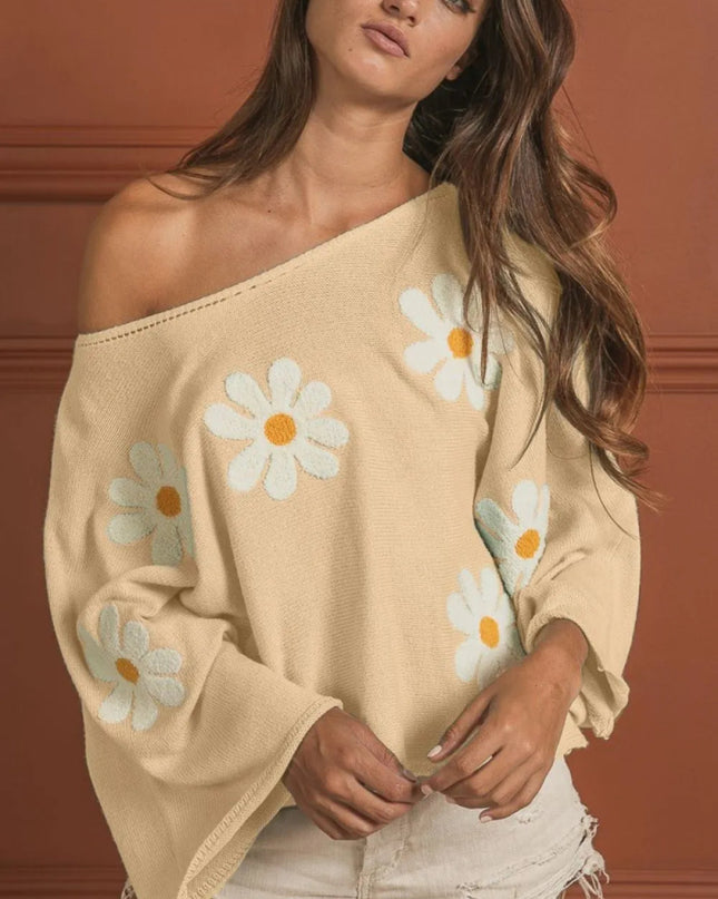 BiBi Flower Embroidery Loose Fit Knit Top - Sleekdenim.com