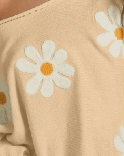 BiBi Flower Embroidery Loose Fit Knit Top - Sleekdenim.com