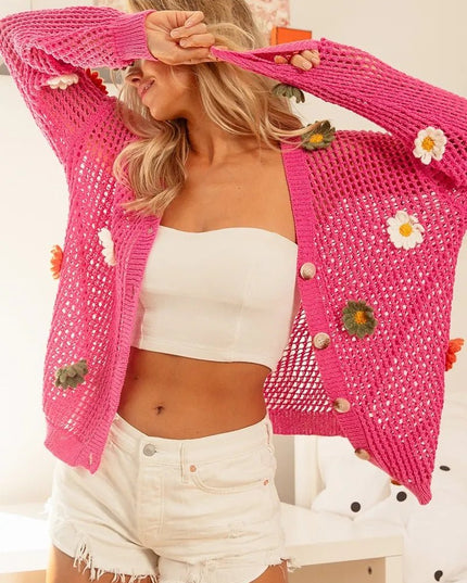 BiBi Flower Patches Open Knit Sweater Cardigan - Sleekdenim.com