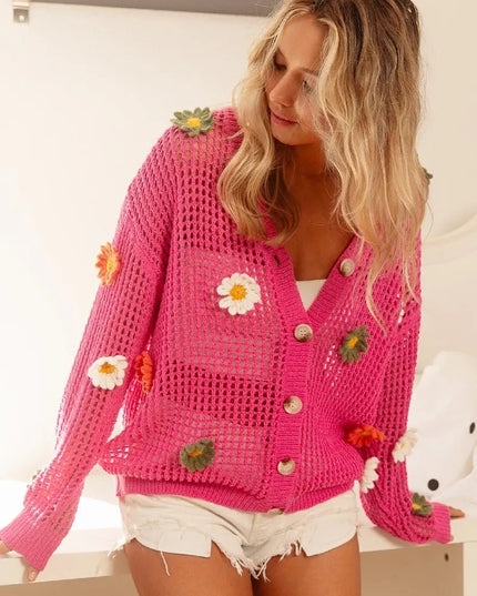 BiBi Flower Patches Open Knit Sweater Cardigan - Sleekdenim.com
