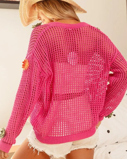 BiBi Flower Patches Open Knit Sweater Cardigan - Sleekdenim.com